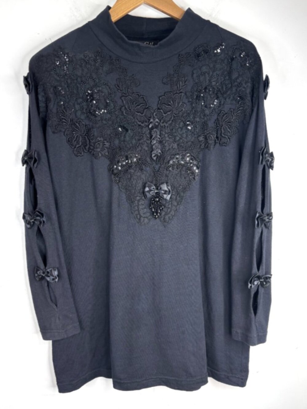 VTG 80s Phun Shirts California Top OS Black Lace Beads Mock Neck Bows Whimsigoth